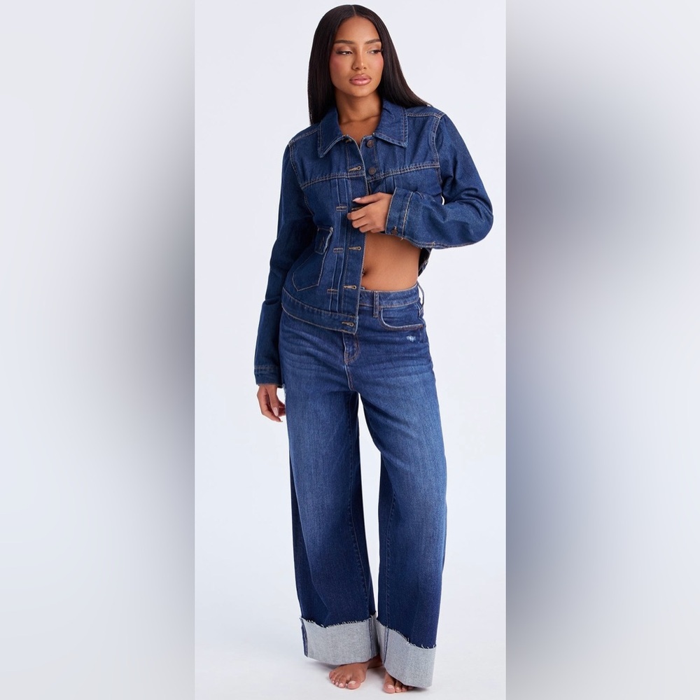 Fashion Nova Women's Wide Leg Dark Blue Denim Jeans